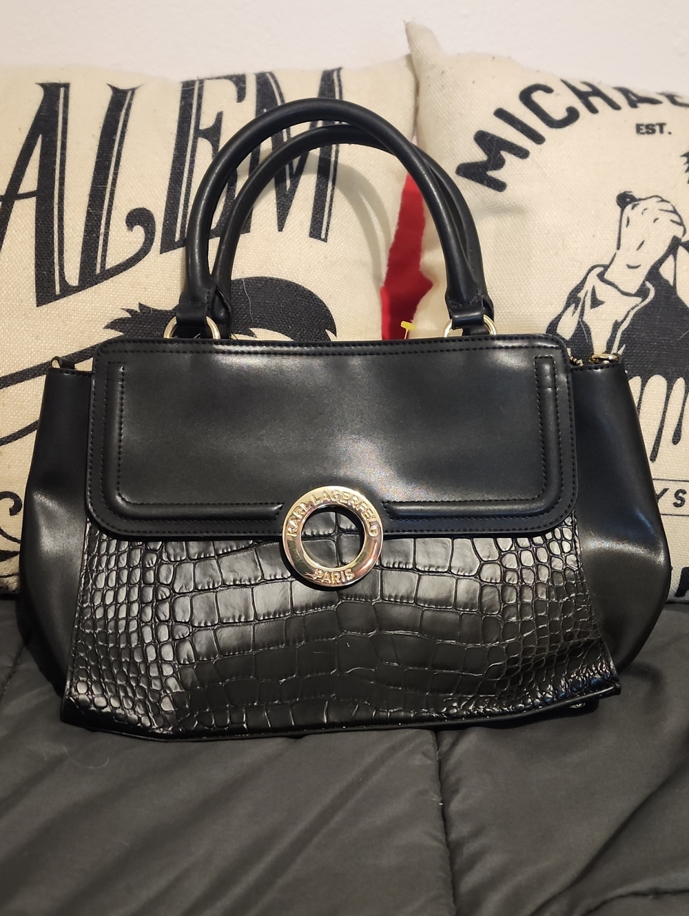 Karl Lagerfeld Black Croc-Accent Satchel with Gold Ring Detail